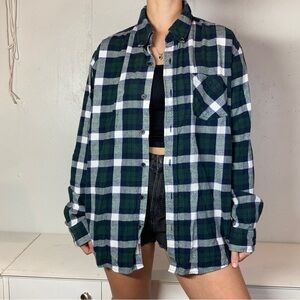 Green + Navy + White Classic Flannel Button Down Long Sleeve Shirt